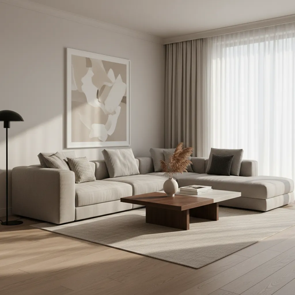 Modern living room with beige sofa, wooden coffee table, wall art, floor lamp, and windows