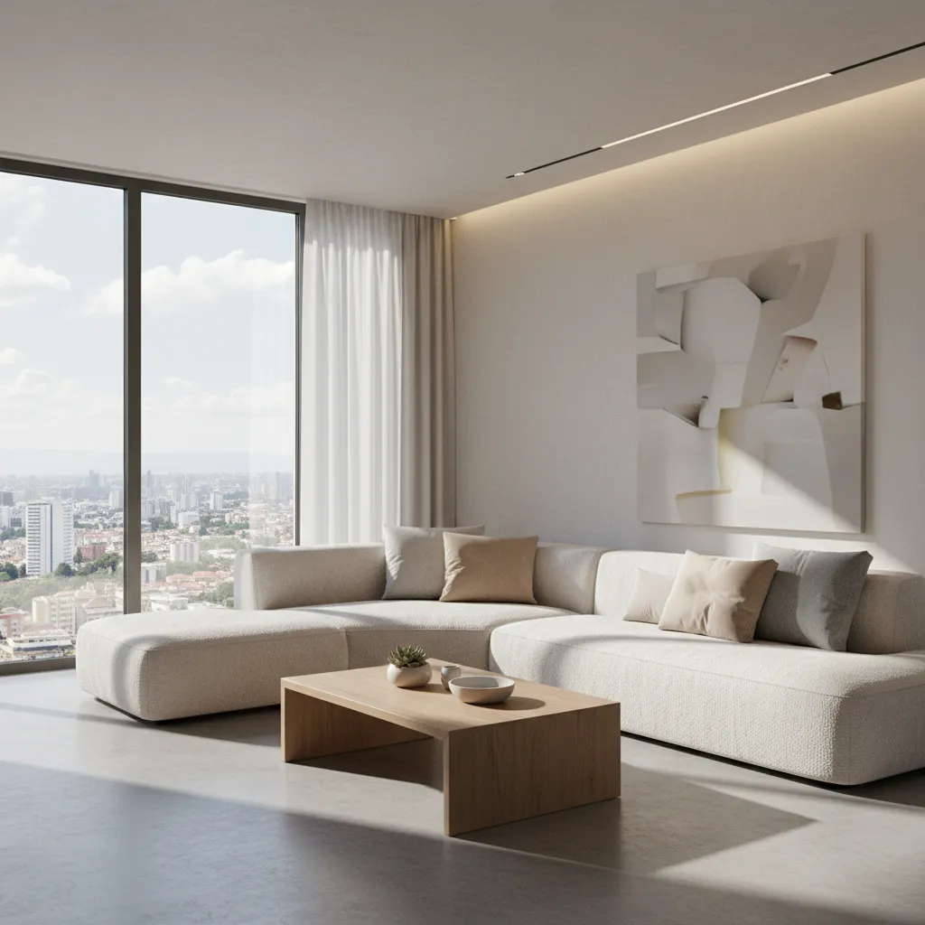 Visualización 3D realista de un salón moderno con sofá, mesa y luz natural