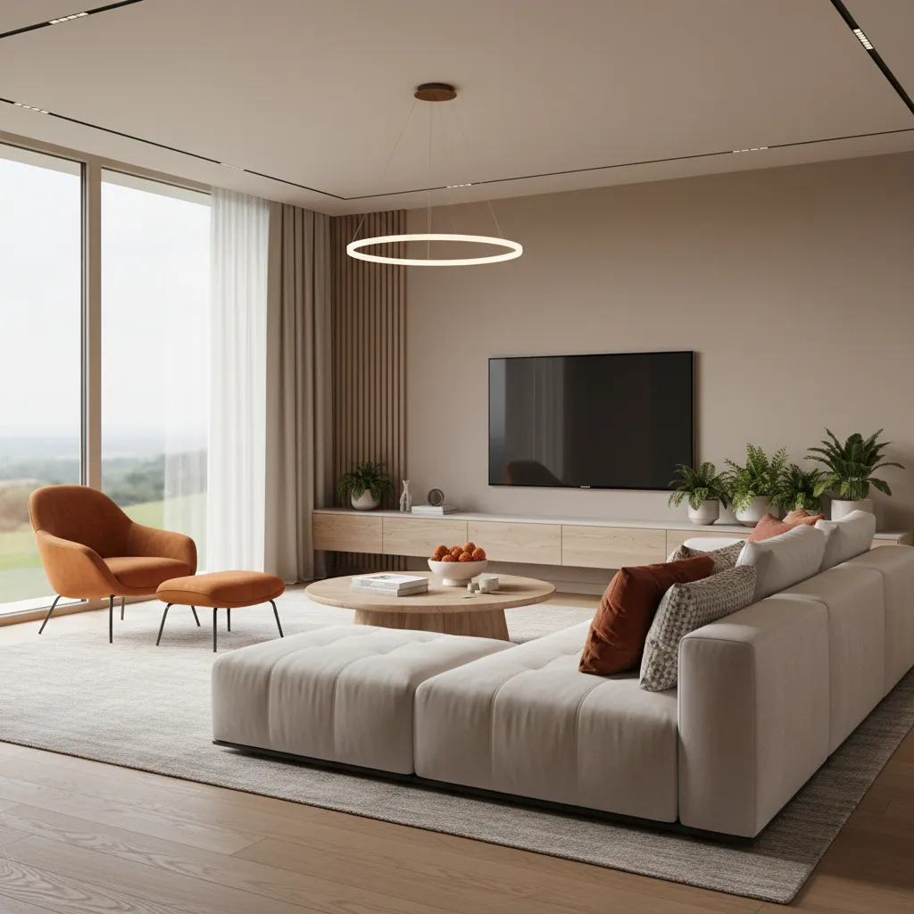 Render 3D de salón con elementos decorativos en naranja