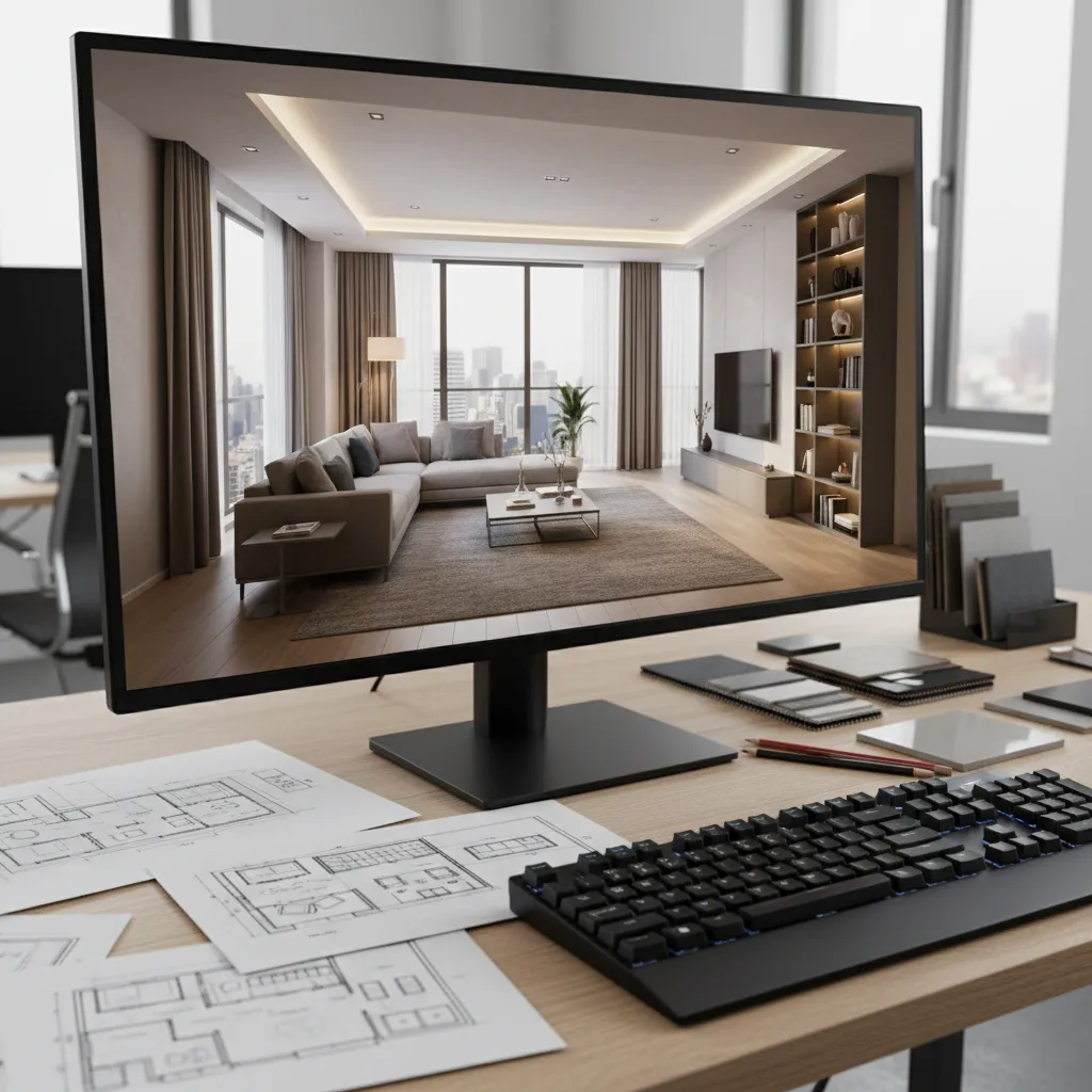 Visualización 3D de un diseño interior en una pantalla de ordenador
