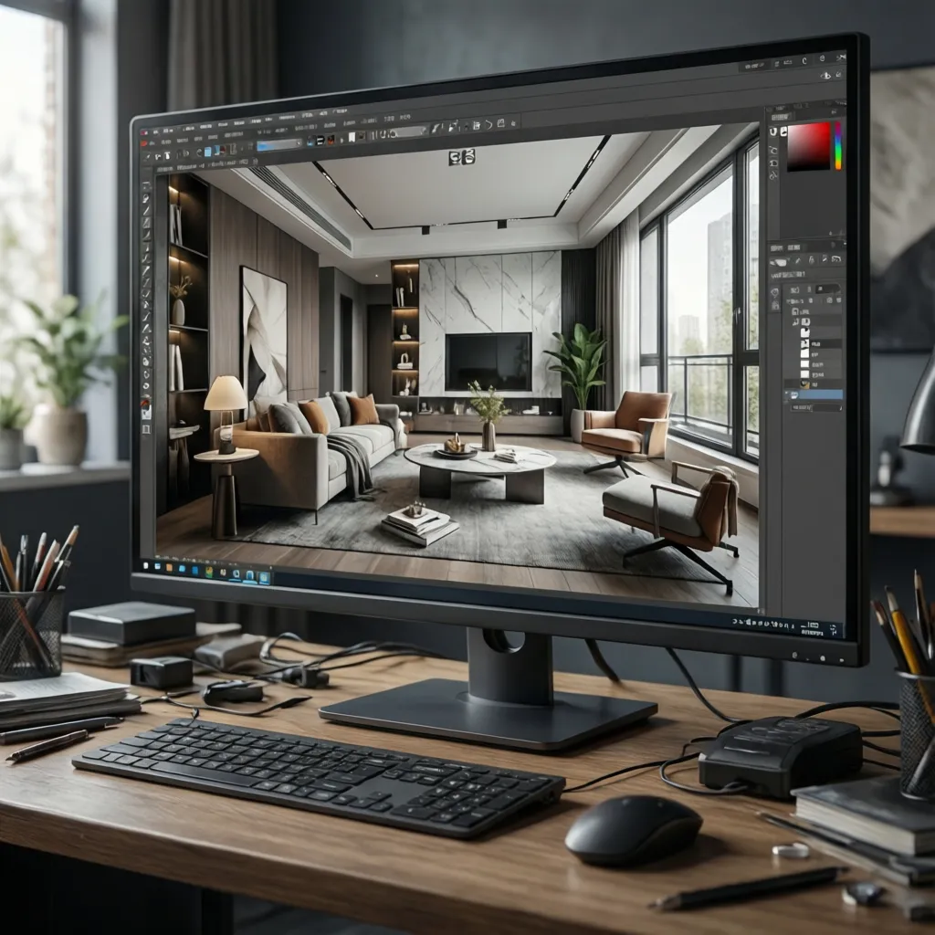 Render 3D de un diseño interior moderno en proceso de planificación