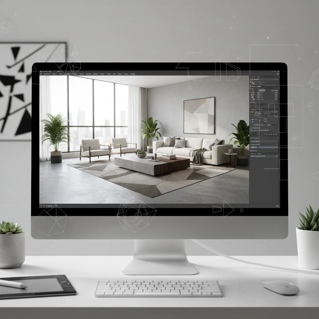 Desktop computer screen showing modern living room interior design drawing with white sofa and windows