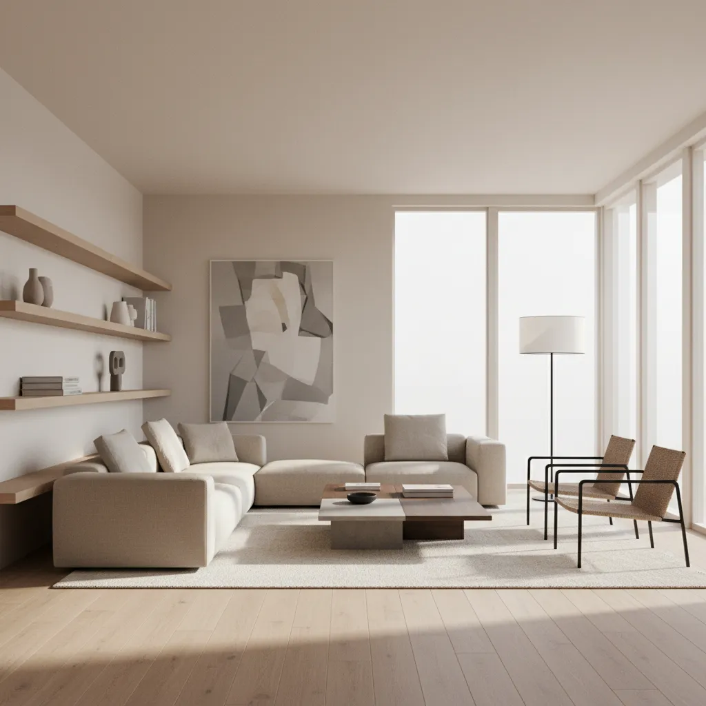 Minimalist living room with beige sectional sofa wooden chairs large abstract art and natural light