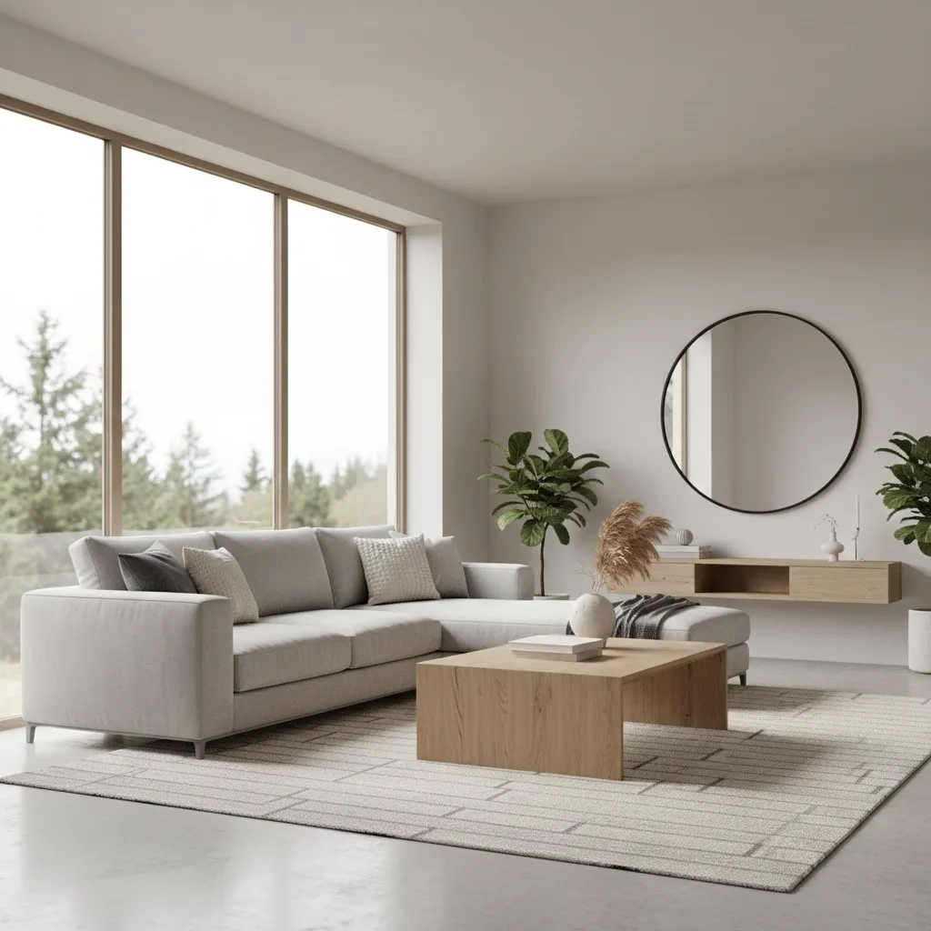Minimalist living room with grey sofa wooden coffee table round mirror and large bright window