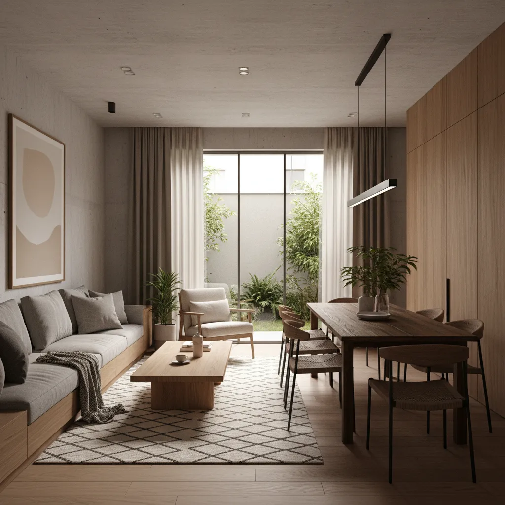 Modern living room featuring grey sofa, wooden dining table, wall panels, and large glass windows