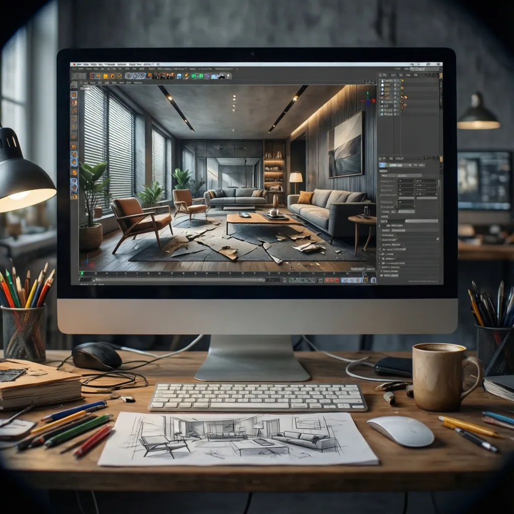 Pantalla mostrando visualización 3D de un proyecto interior