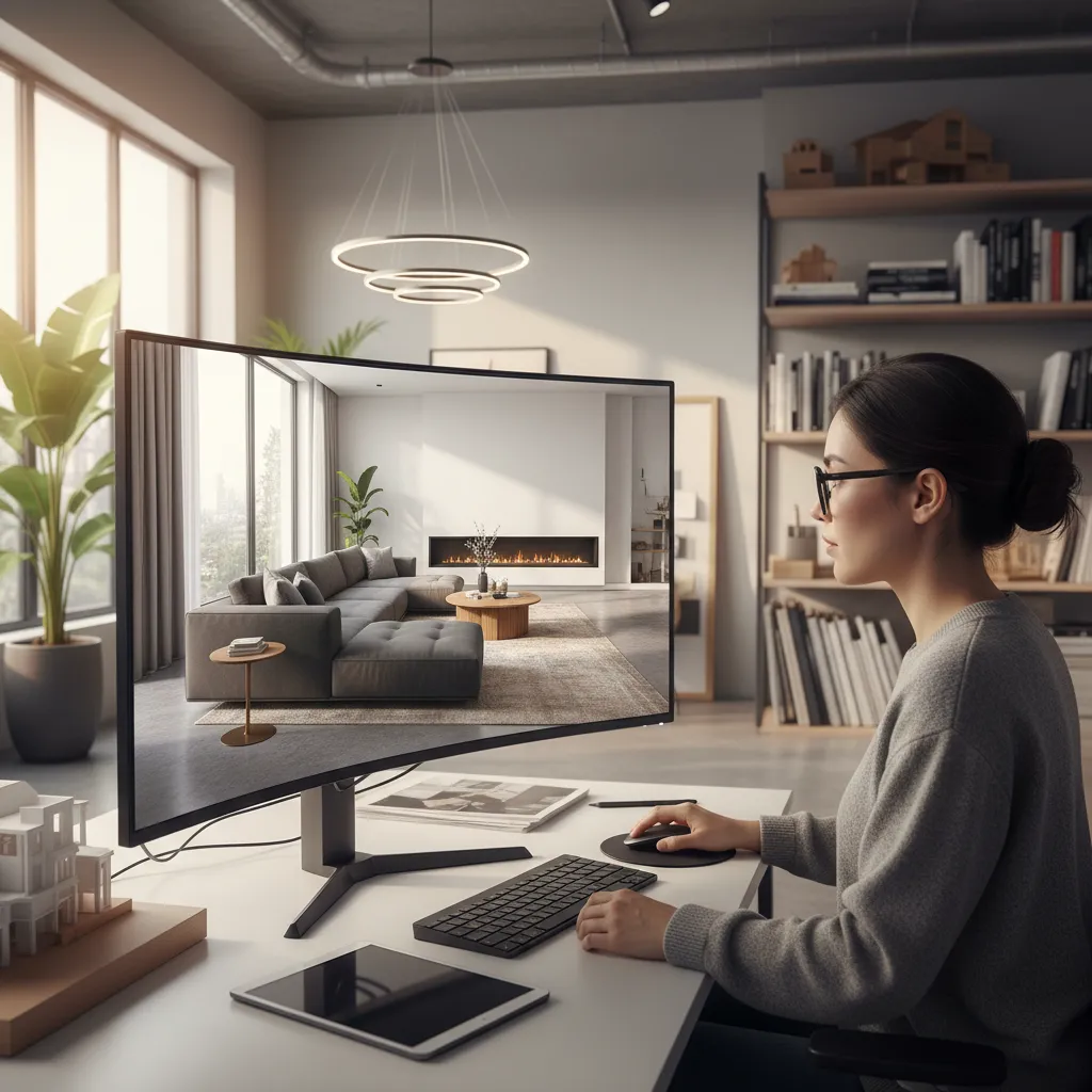 Diseñador creando visualización 3D de un salón en ordenador