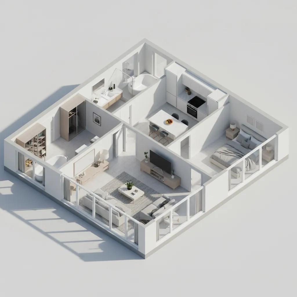 3D isometric apartment floor plan with furniture and room layout visible
