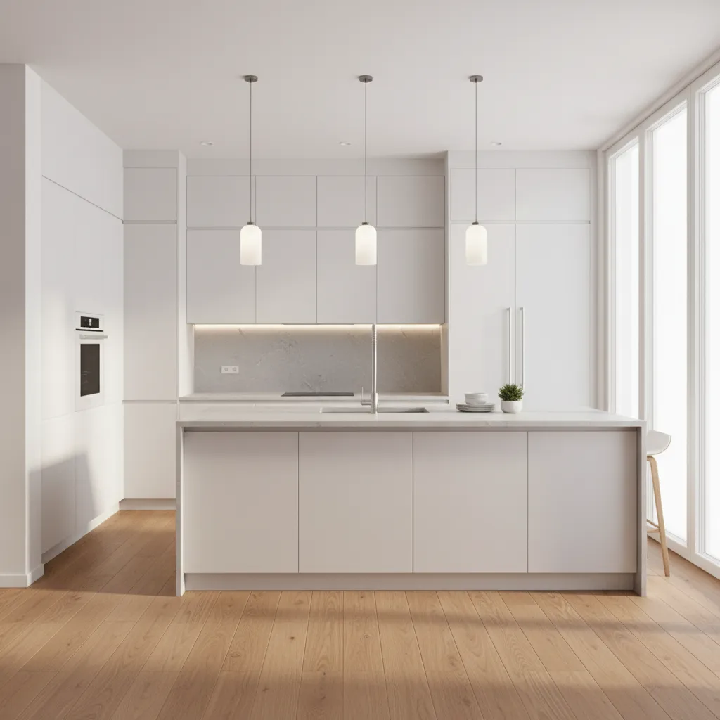 3D kitchen design preview showing cabinets island and lighting before construction