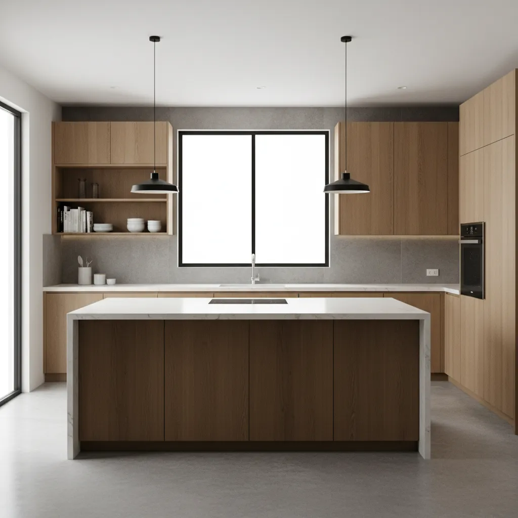 3d rendered kitchen design preview with cabinets and island