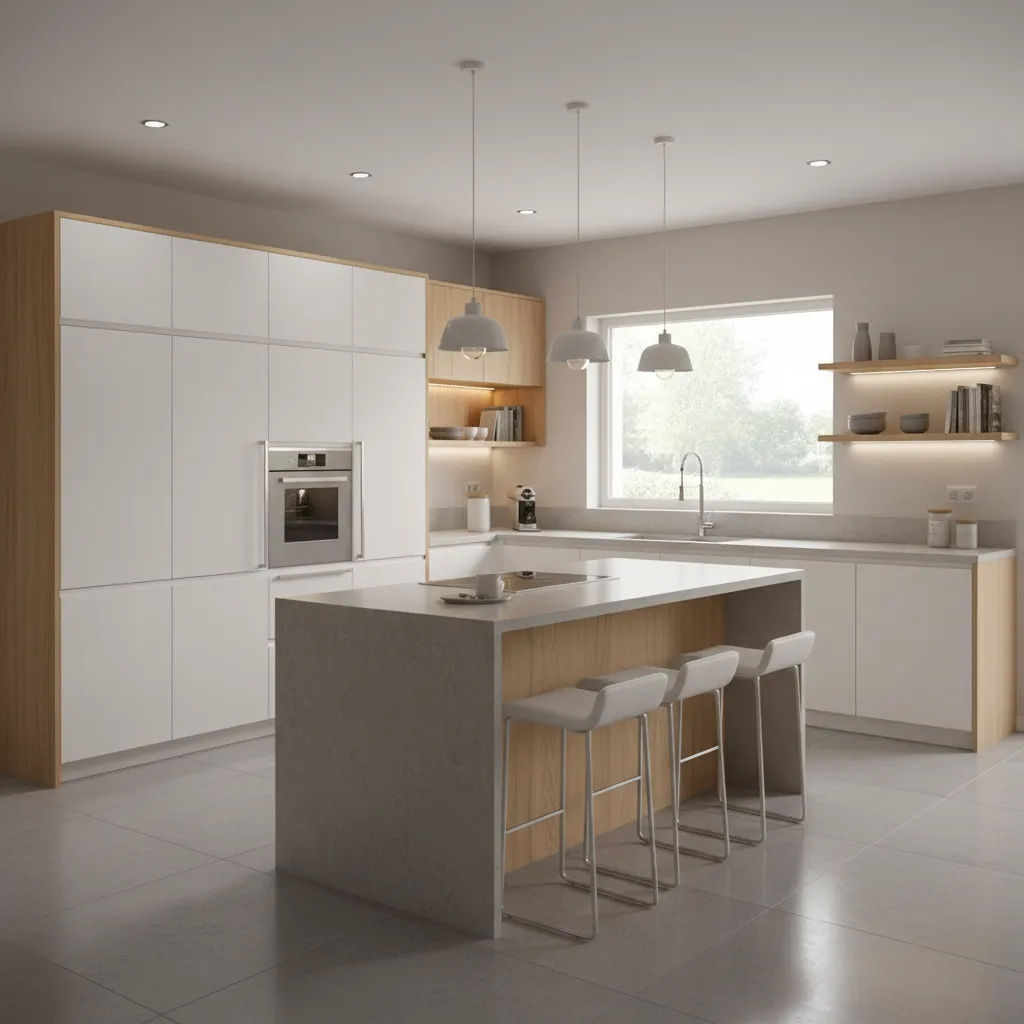 3D visualization of kitchen cabinets layout with island and appliances