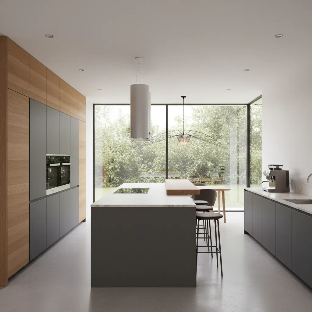 Realistic 3D visualization of modern kitchen cabinets and appliances