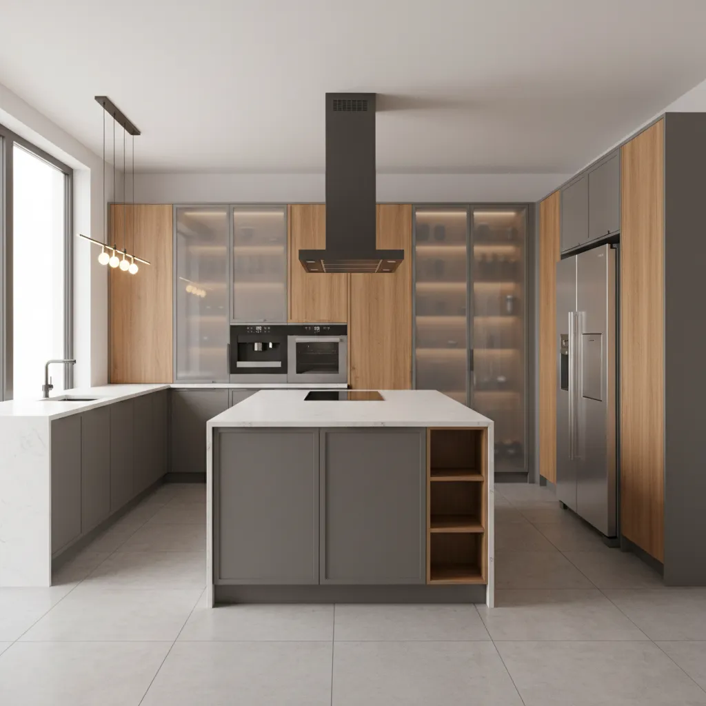 3D kitchen planning render showing cabinetry island and appliances