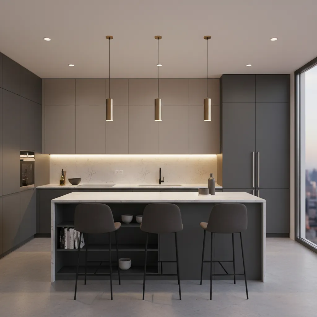 Minimalist kitchen with dark grey island three gold ceiling lights bar stools and city view