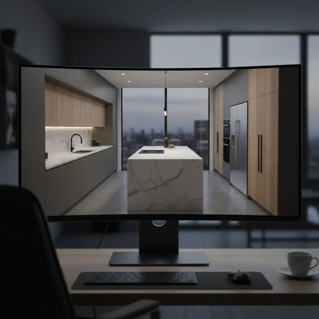 3d rendered preview of modular kitchen design before construction