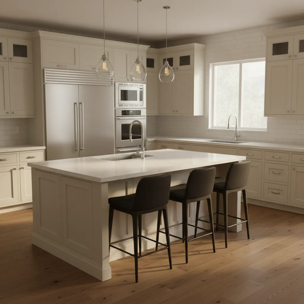 3d rendered kitchen design preview with cabinets and countertops