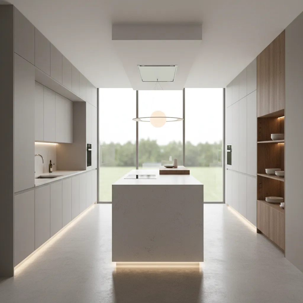 3d rendered kitchen design preview with cabinets lighting and island