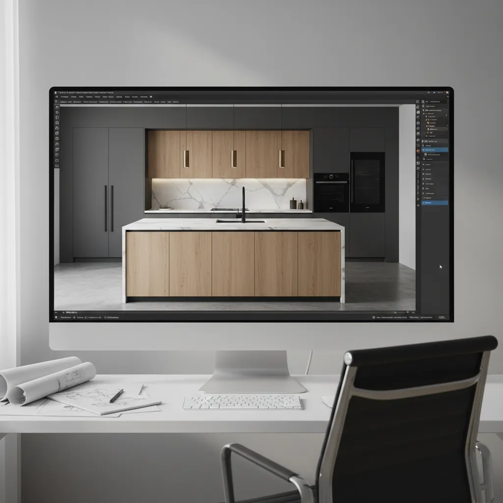 Software de diseño mostrando una cocina en 3D con muebles y electrodomésticos