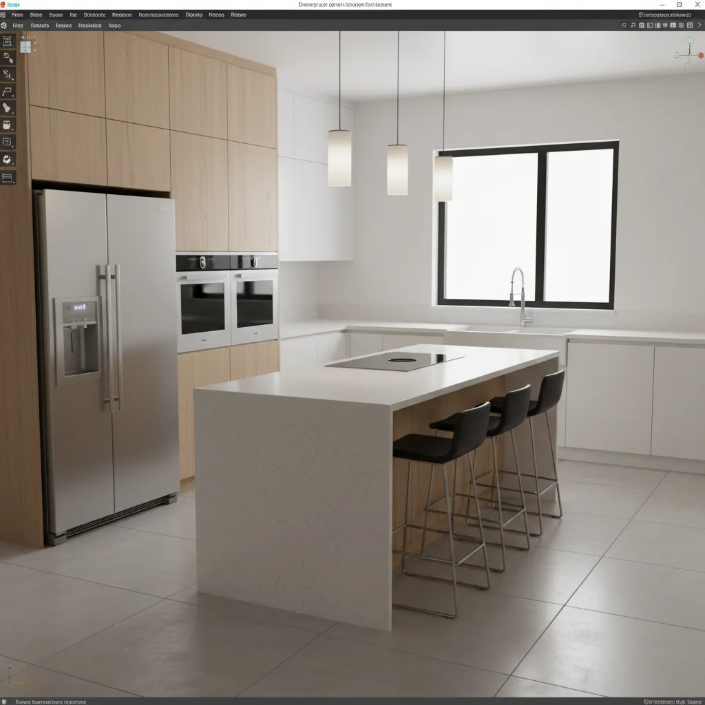 3D kitchen design software preview showing cabinets and appliances