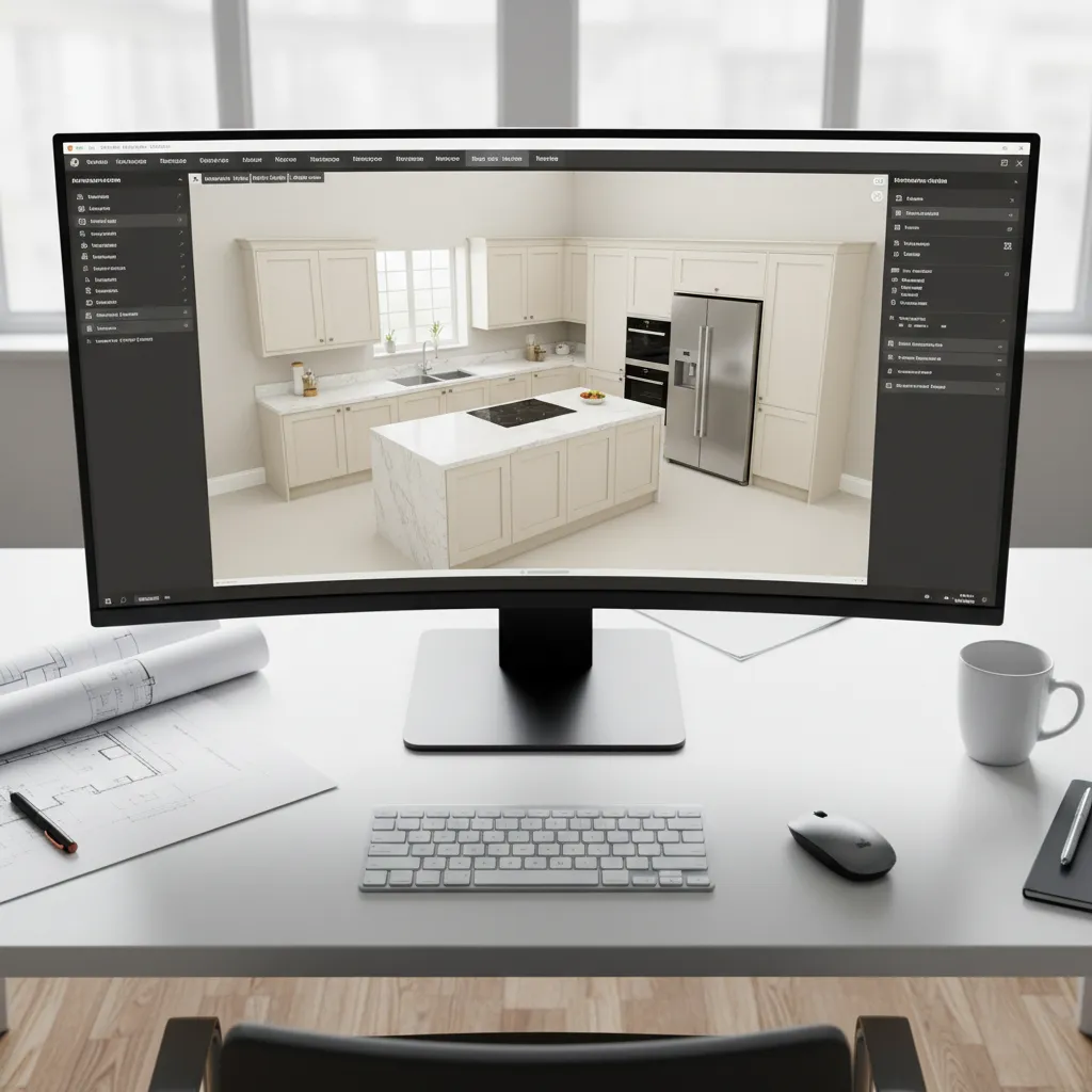 3D kitchen planning software interface showing cabinets and island layout