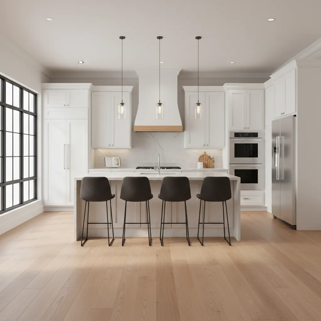 realistic 3d kitchen rendering showing cabinets island and lighting