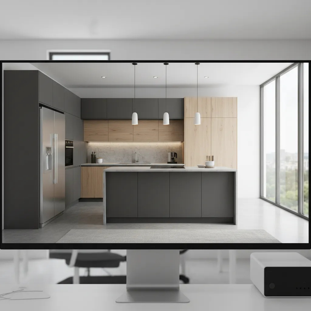 3D kitchen design visualization showing modern modular kitchen concept
