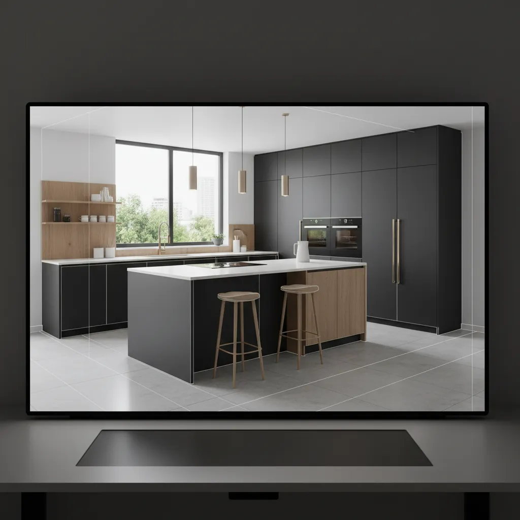 Modern kitchen interior design drawing with black cabinets, large island, wooden stools, and natural light