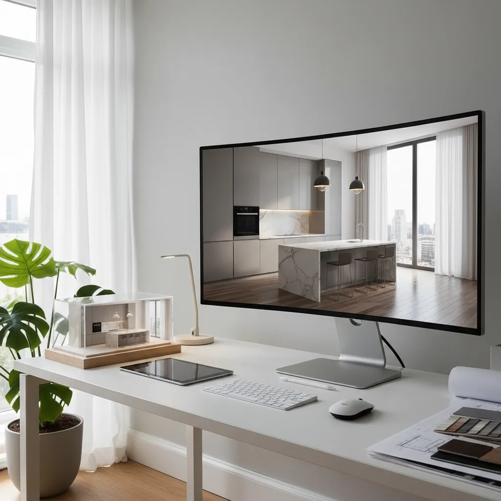 realistic 3D kitchen design rendering displayed on computer screen