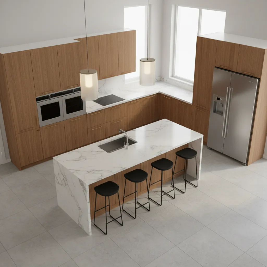Plano 3D de una cocina con isla central