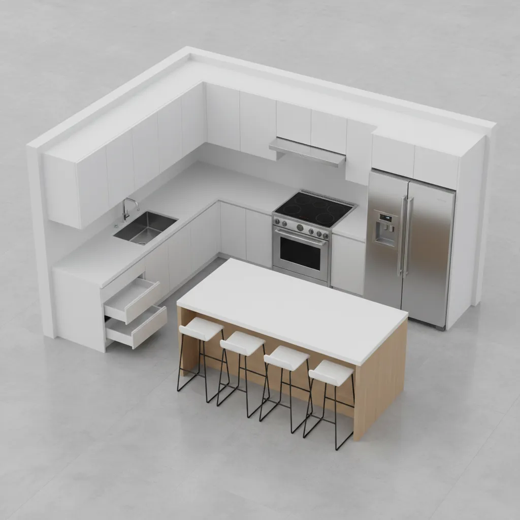 3D kitchen floor plan showing island layout and appliance placement