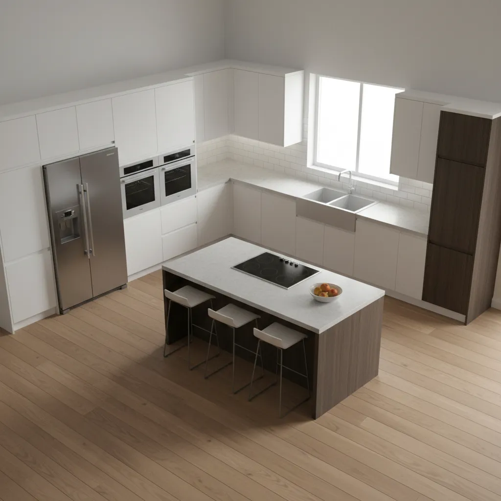 3D kitchen layout planning with cabinets and appliances