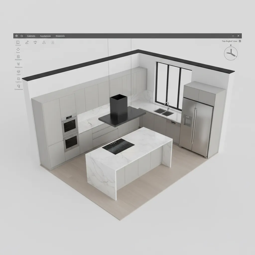 3D kitchen layout created in kitchen design software showing cabinets and island