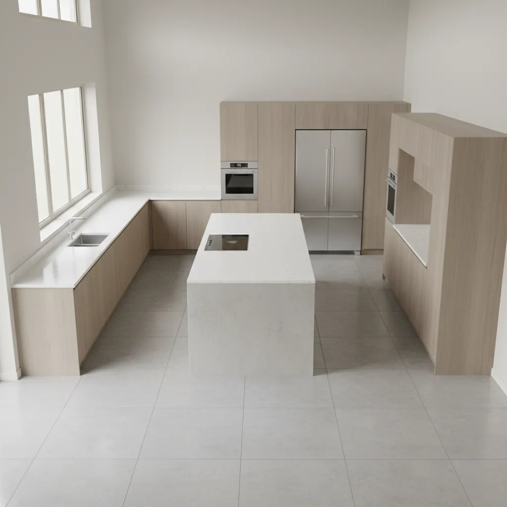 3D kitchen layout showing freestanding island separate from cabinets