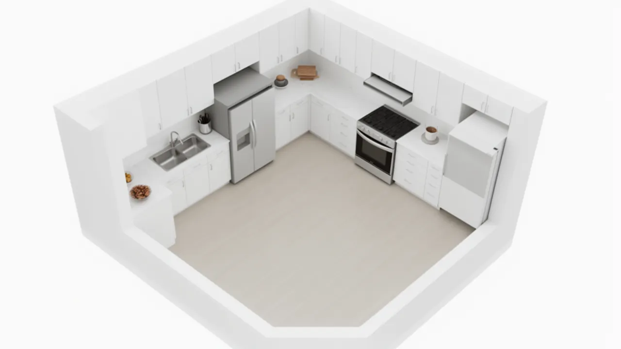 3D kitchen layout model showing cabinets appliances and workflow triangle