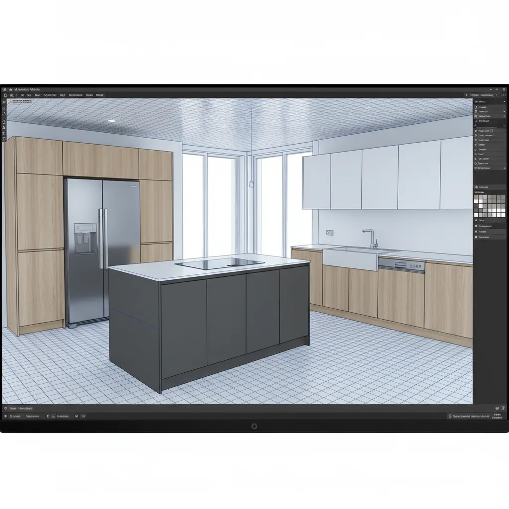 3D kitchen planner interface showing cabinets island and appliances layout