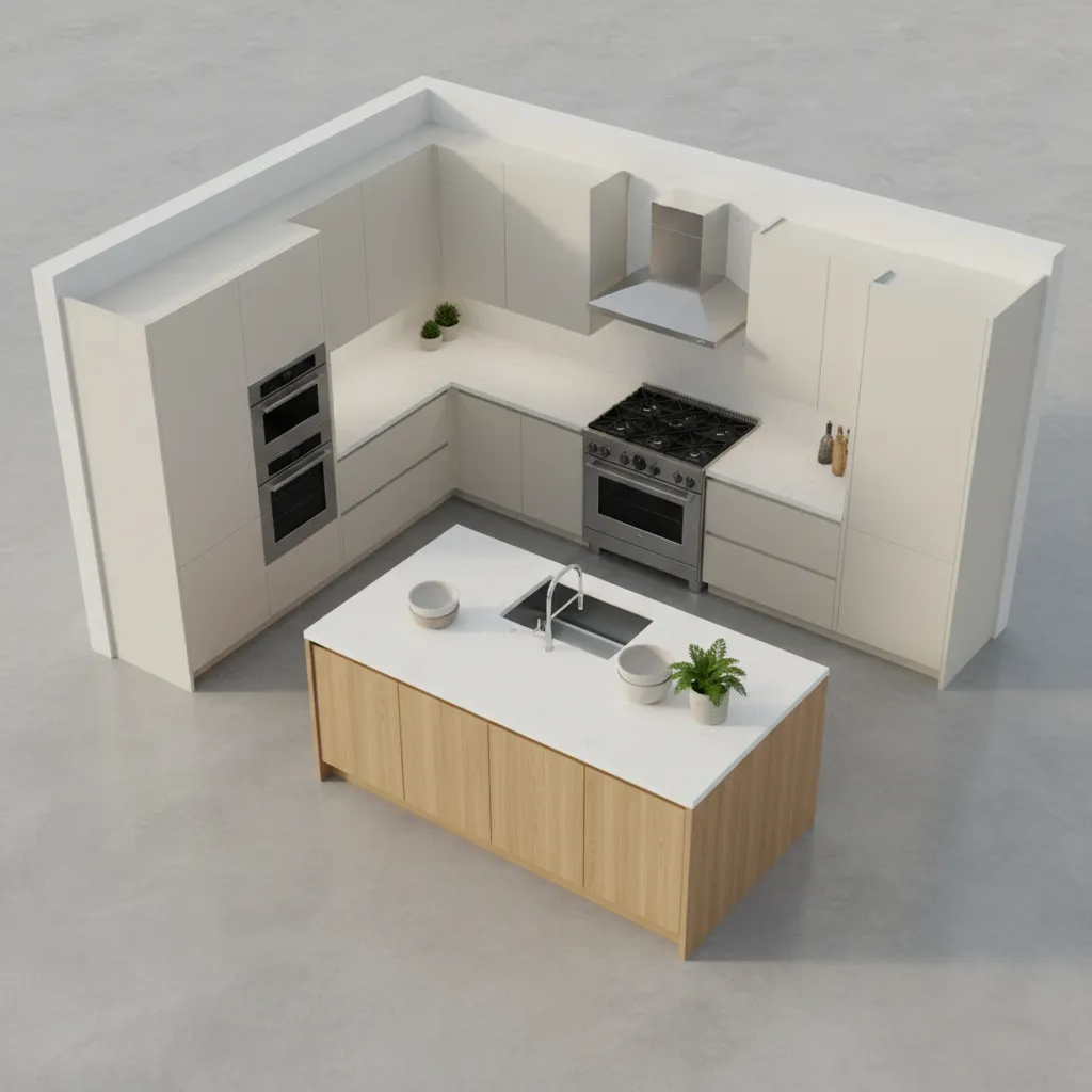 Interior design drawing of a modern kitchen with cream cabinets wooden island stove and white countertops