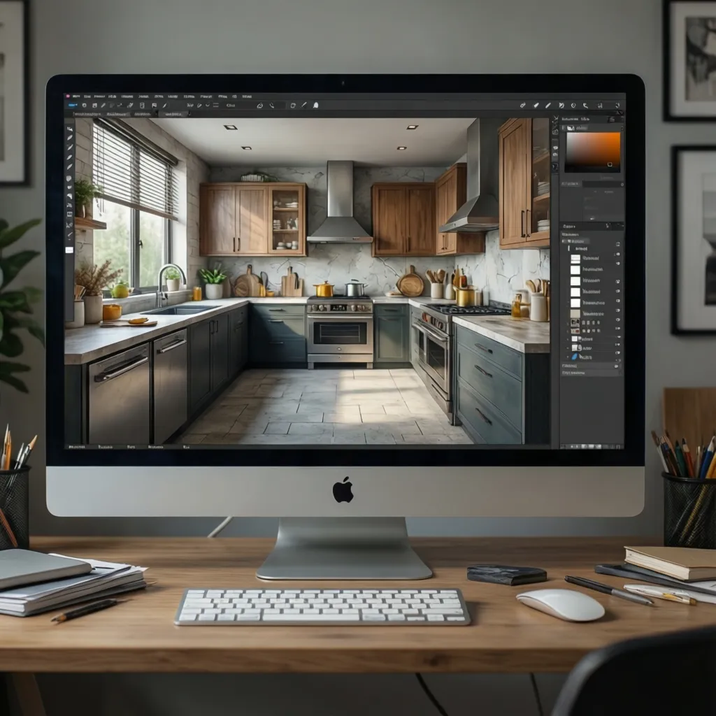 Computer monitor on a wooden desk showing an interior design drawing of a modern kitchen