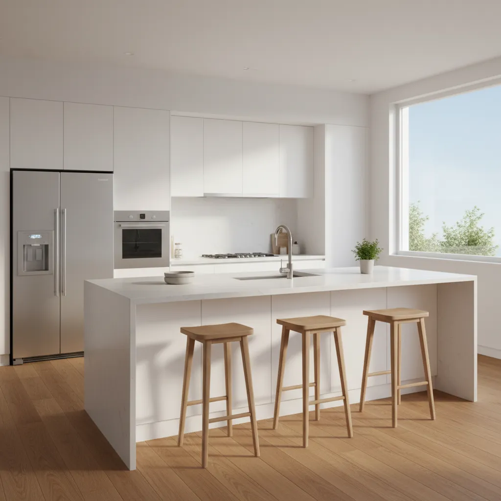3d rendered kitchen layout preview with island cabinets and appliances