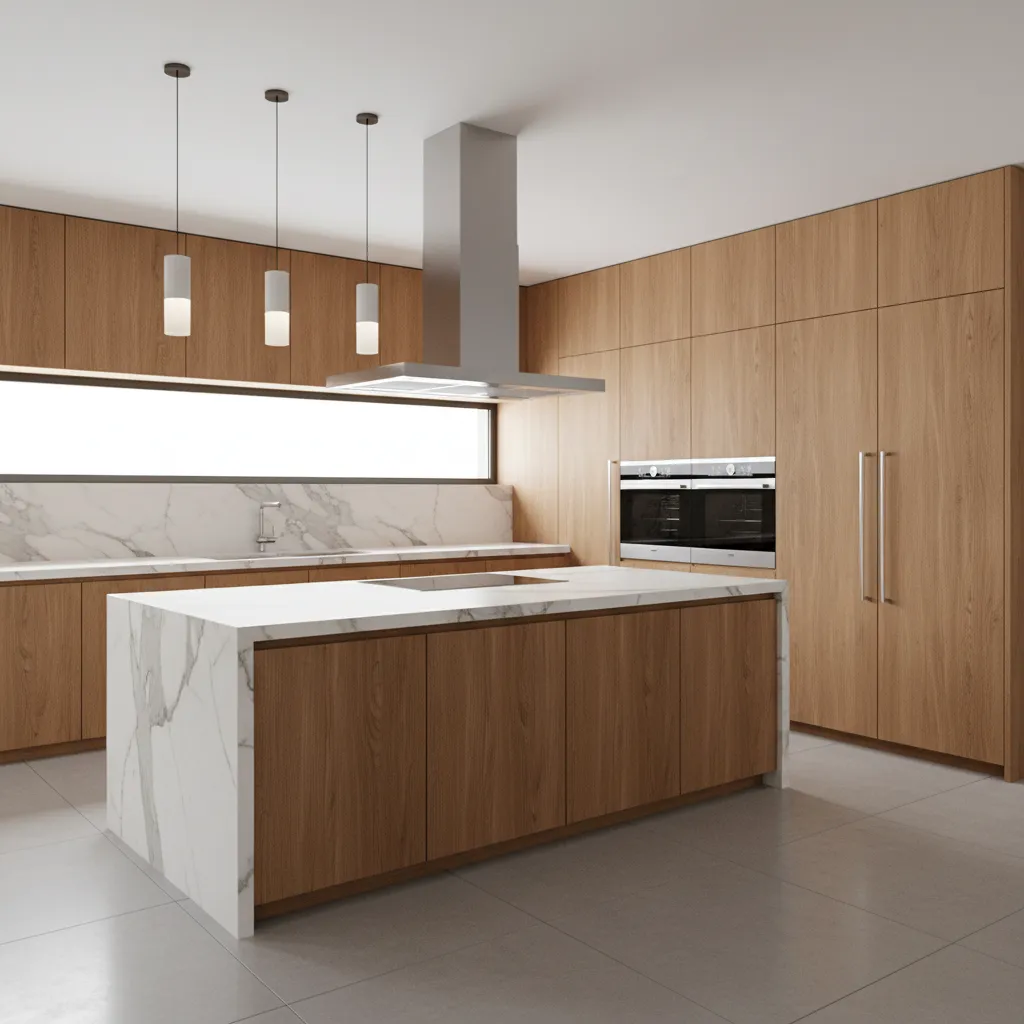 Diseño 3D de cocina moderna con isla central