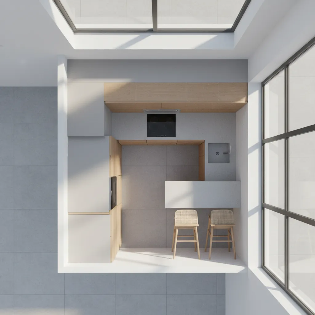 3D visualization of a small kitchen layout before renovation