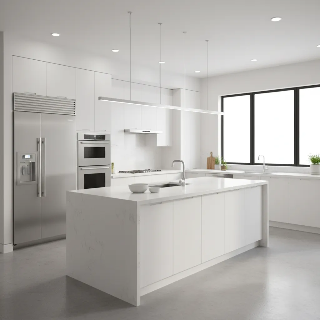 3D visualization of a modern kitchen layout with cabinets island and appliances