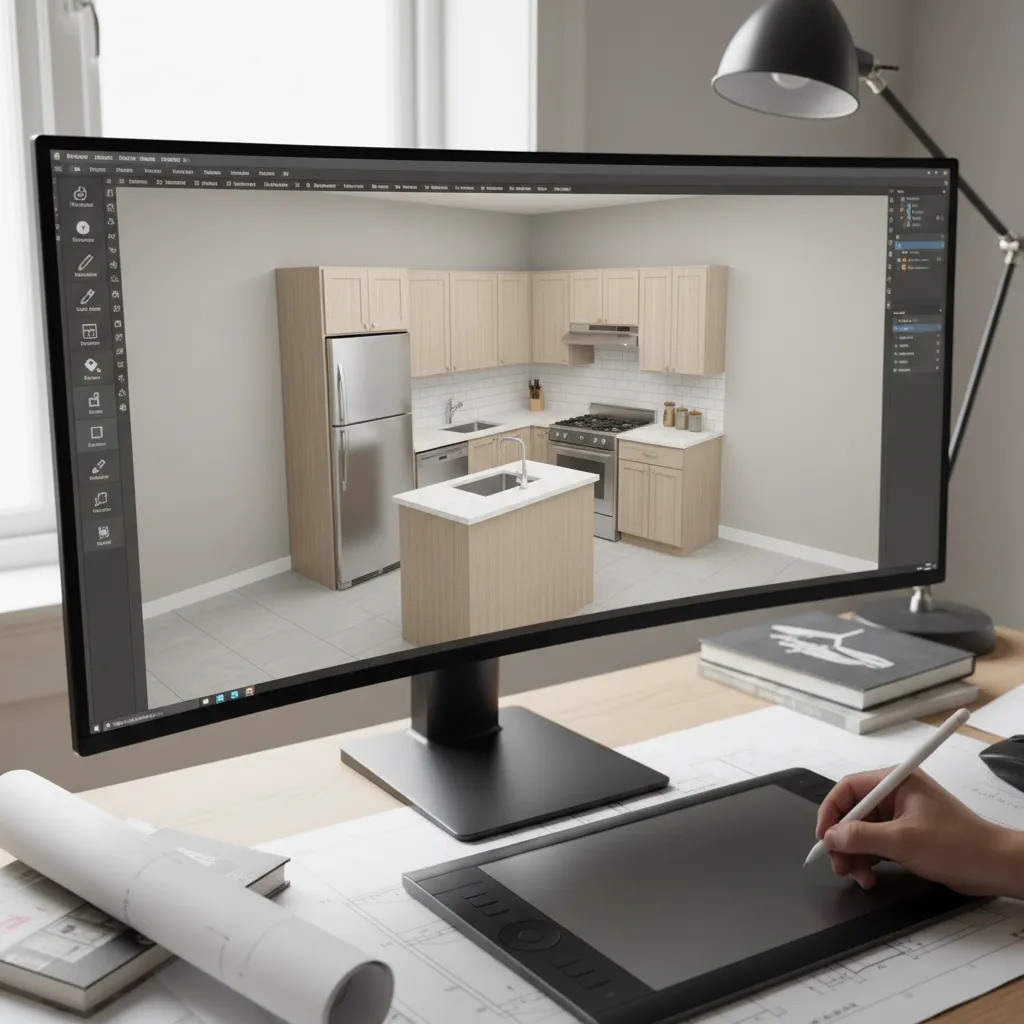 3d visualization of small apartment kitchen layout planning