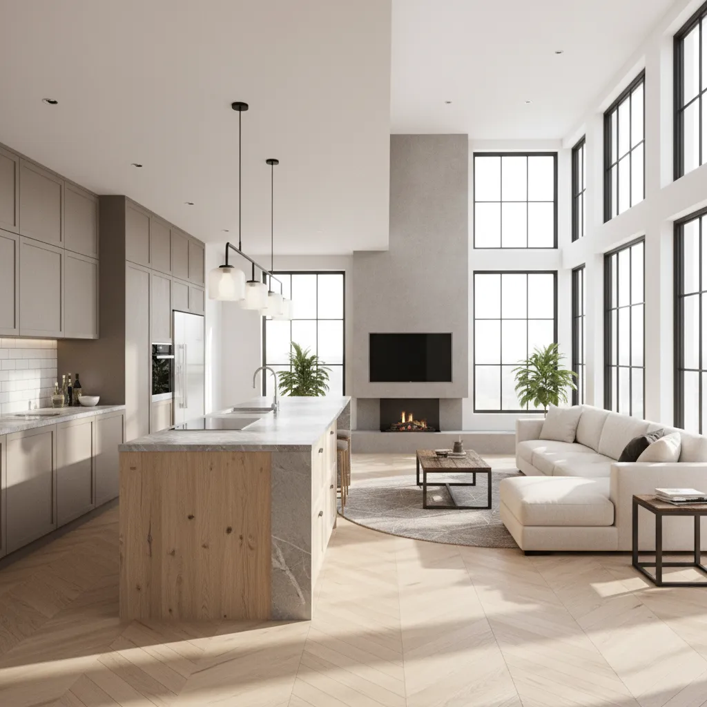 render 3D realista de cocina abierta conectada al salón