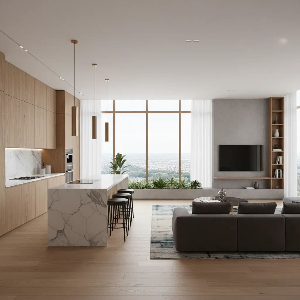 Bright kitchen with marble island counter wooden cabinets grey sofa and view of city landscape