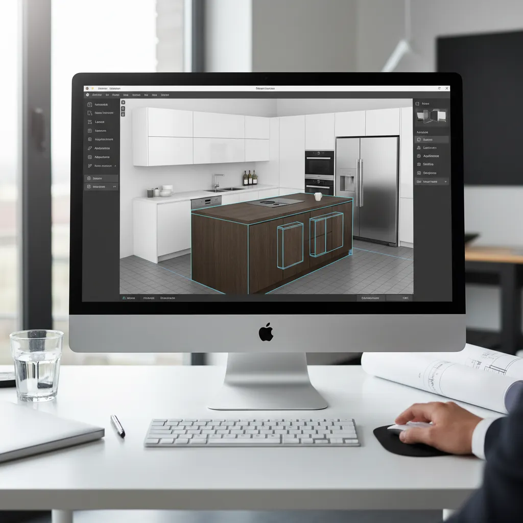 user designing kitchen layout in a 3D kitchen planner interface