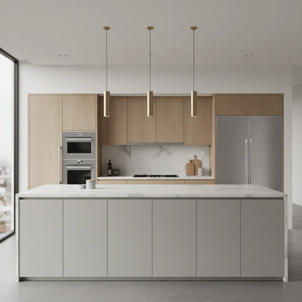 3D kitchen design preview showing cabinets island and appliances