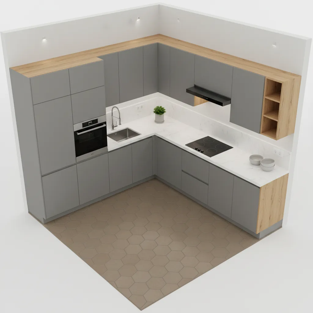 3D kitchen layout planning visualization for small modular kitchen