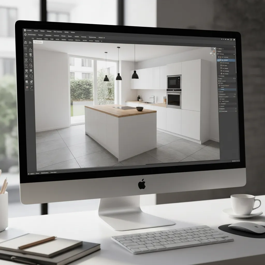 Computer screen showing interior design software with modern white kitchen island and black ceiling lights