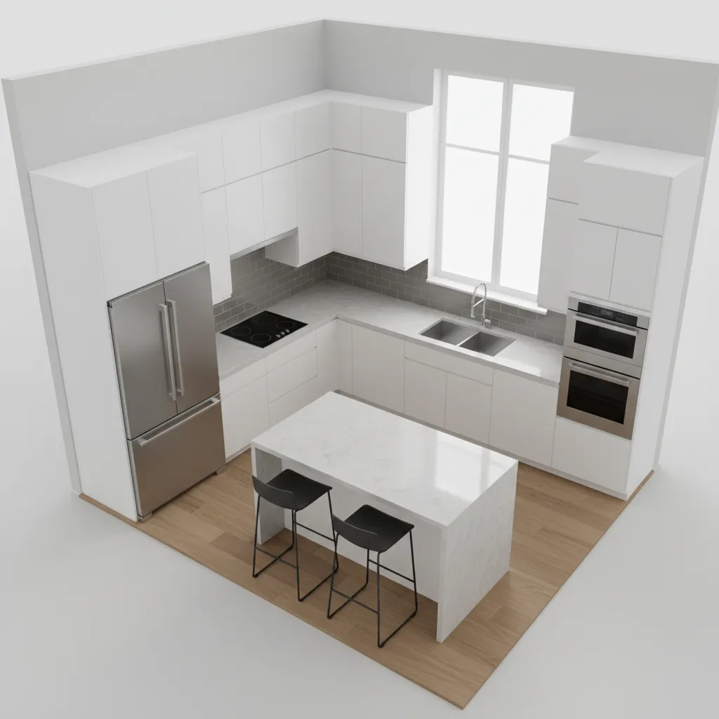 3d visualization of a remodeled 10x10 kitchen layout with cabinets and appliances