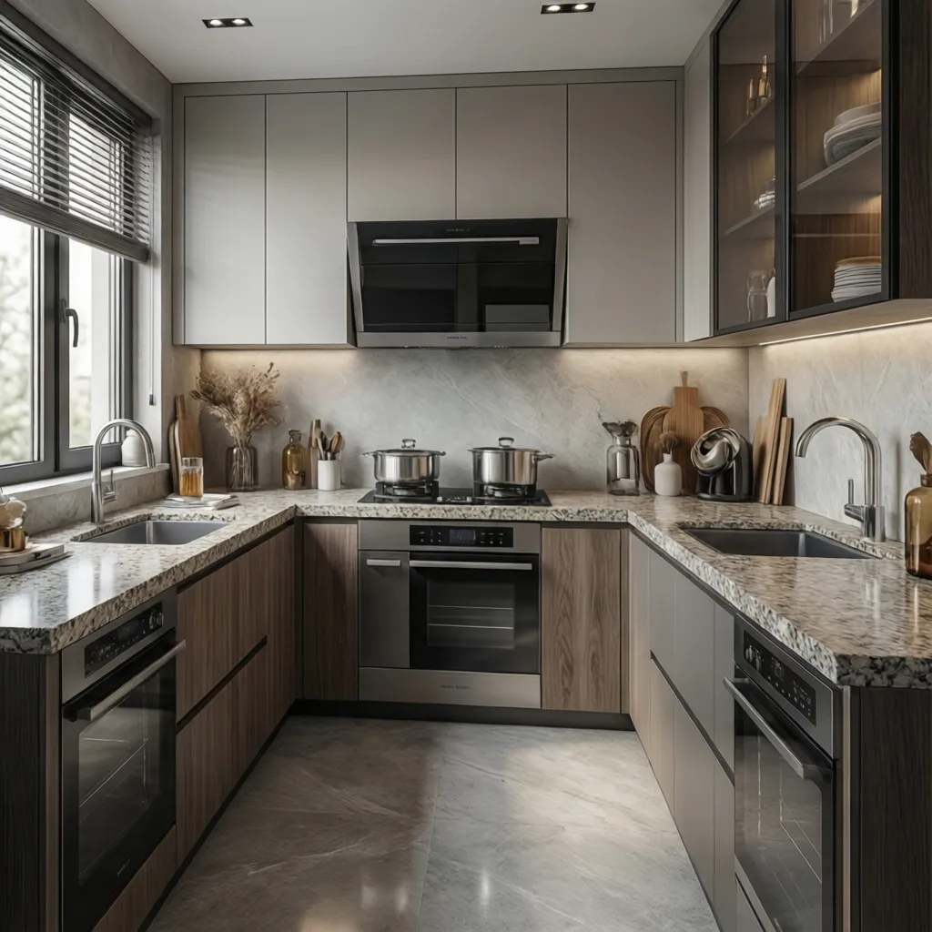 Modern kitchen with grey wooden cabinets, marble countertops, built in stove, two sinks and window
